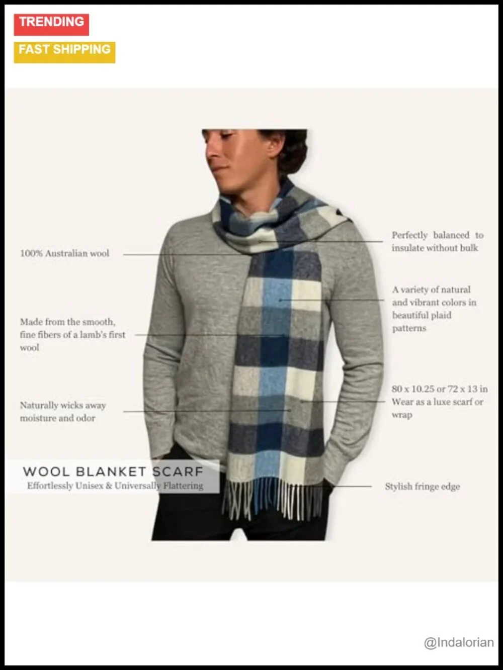 100% Australian Wool Lightweight Winter Plaid Scarf Unisex
